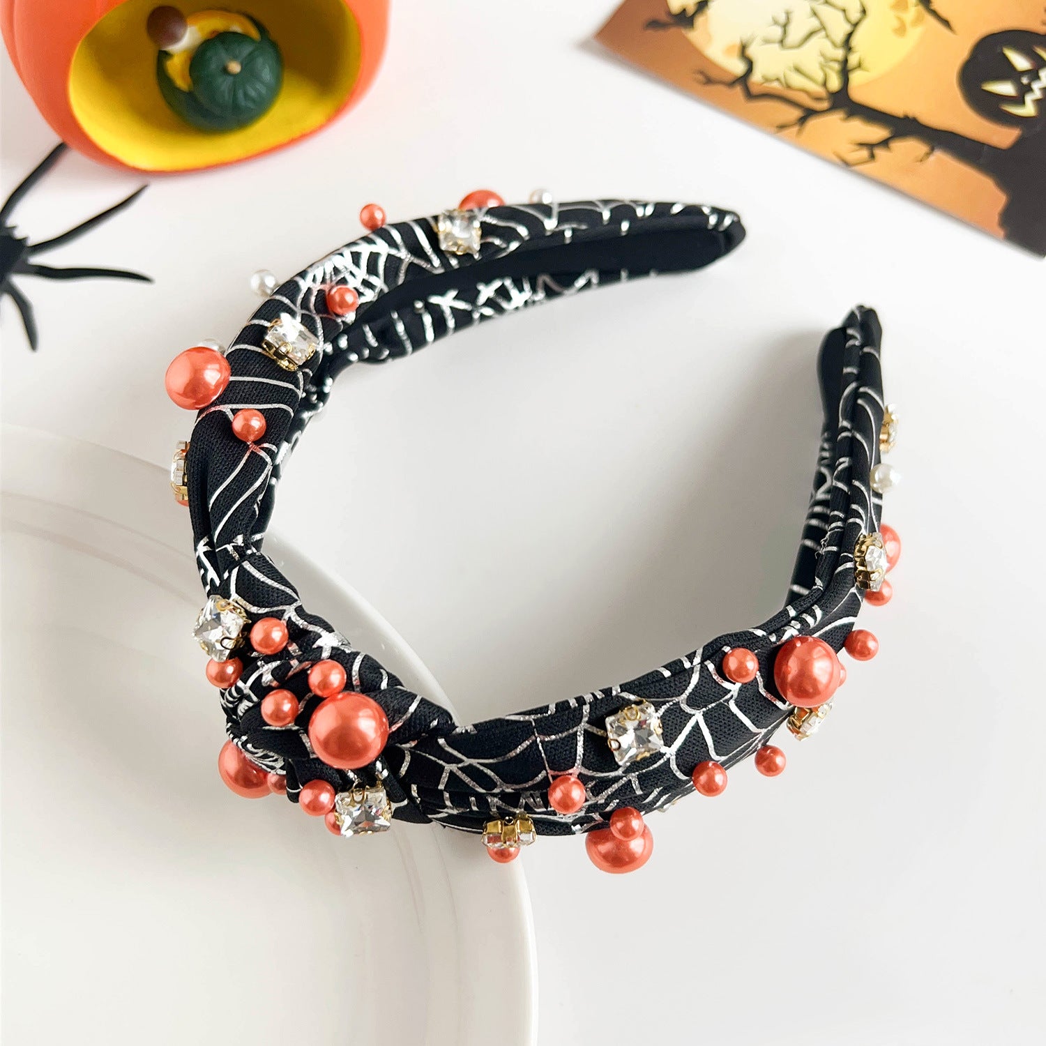Wholesale Halloween Dark Style Spider Web Skull Fashion New Knotted Wide-brimmed Pearl Headband